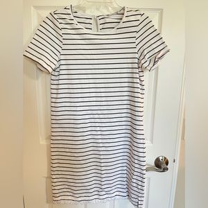 Summer Dress white with Navy Stripes and bottom fringe size M
